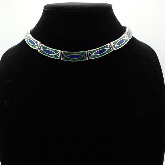 Vintage .925 Sterling Silver Choker Inlay necklace Lazuli Lapis & Malachite 90s - Picture 5 of 16